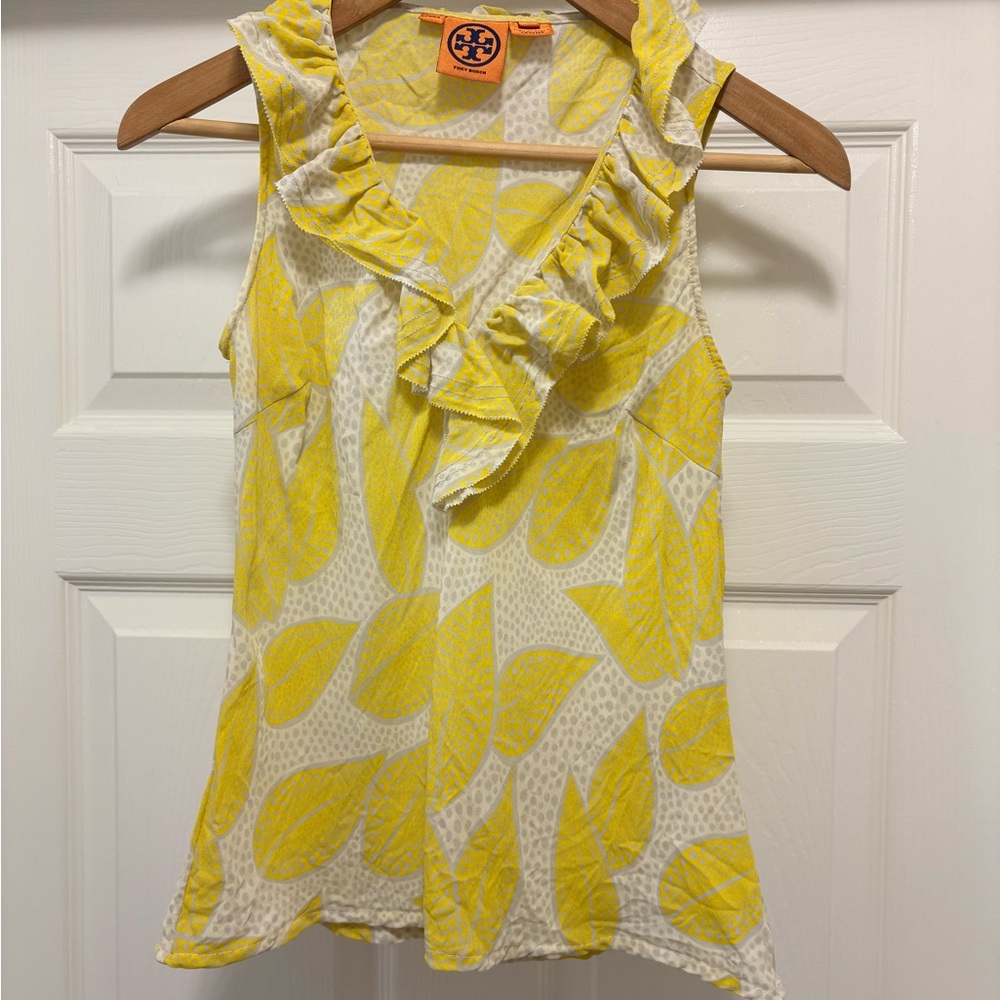 Tory Burch Yellow Leaf Floral Print Ruffle Silk Blouse Sz 8